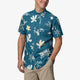 blue REEF mens button up with white palm trees, mountains, and flowers