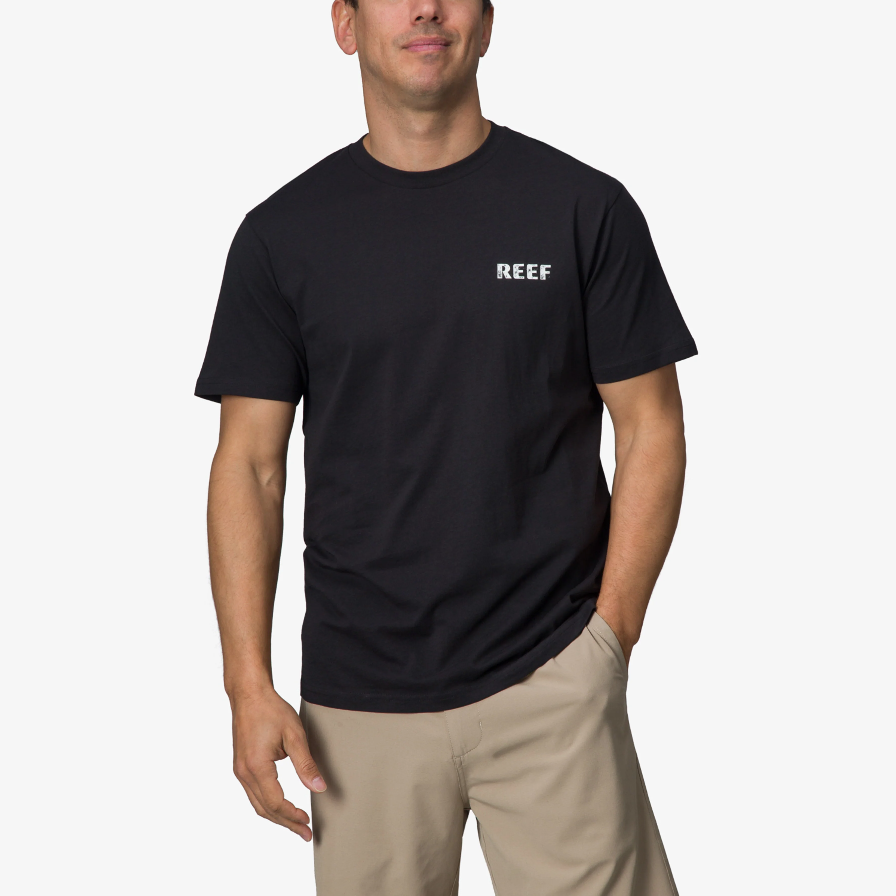 Mens black t shirt with REEF logo on top left