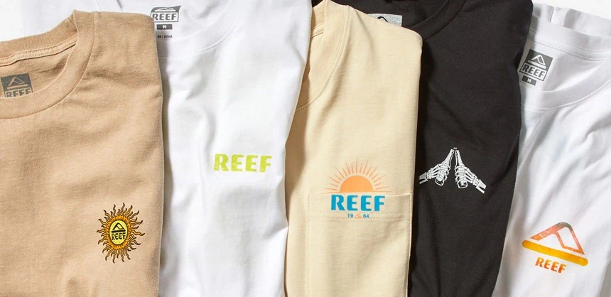 Collection of mens reef shirts folded next to each other
