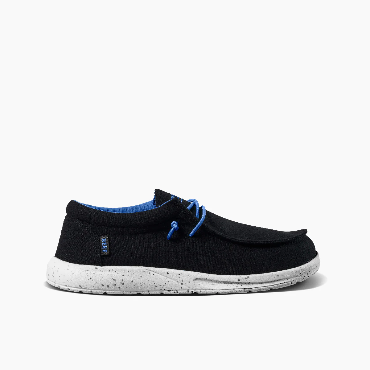 REEF comfortable boat shoes in black, white and blue side view