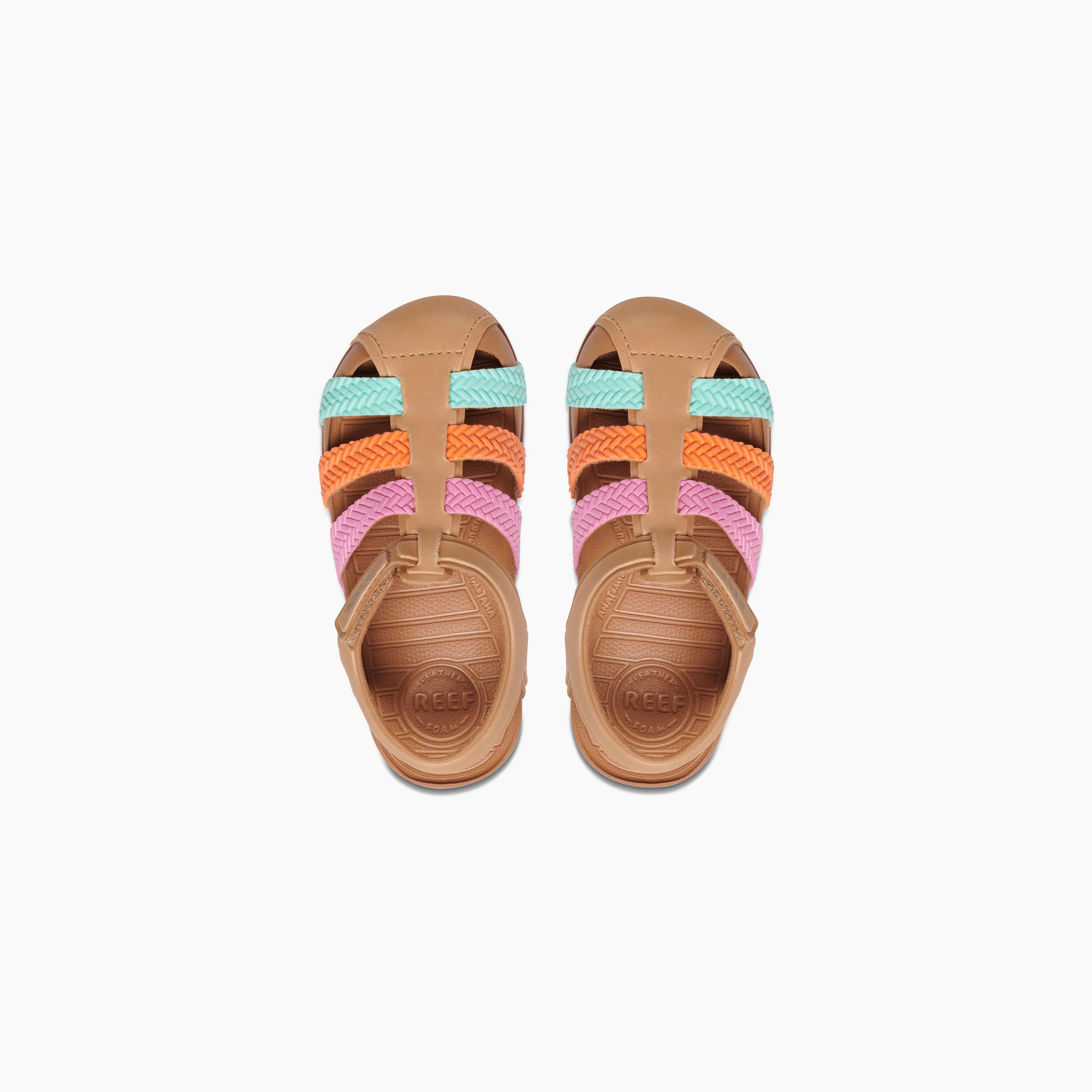 girls tan sandals with colorful straps top down view