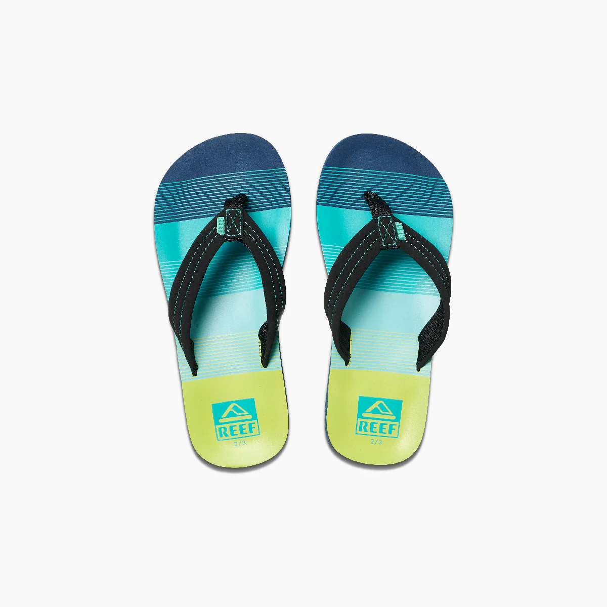 colorful flip flops (blue, teal, yellow) top down view
