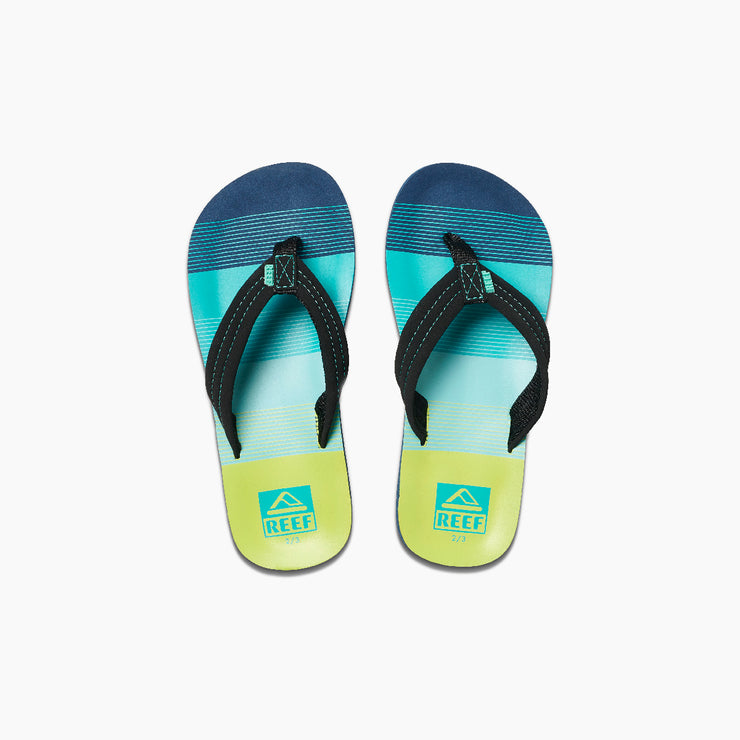 colorful flip flops (blue, teal, yellow) top down view