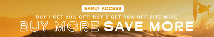 Text says: "Buy one get 20% off, buy two get 30% off, buy more save more, sitewide sale" Image of surfing