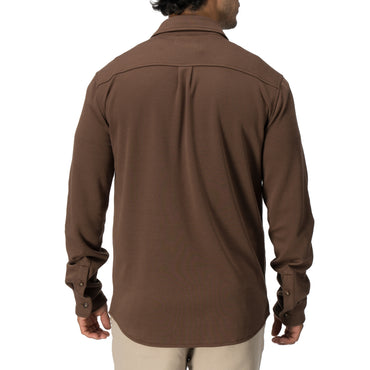 Back view of Coltrane Pique Shirt in brown, showing relaxed fit and soft fabric for beach-inspired comfort.