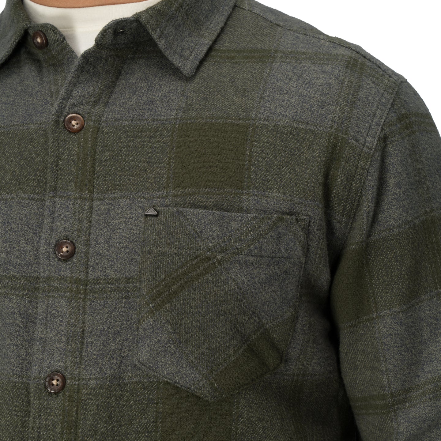 Close-up of Reggie Flannel Shirt chest pocket and buttons, showcasing soft, rugged surf-inspired comfort from StoreRank.ai All Products.