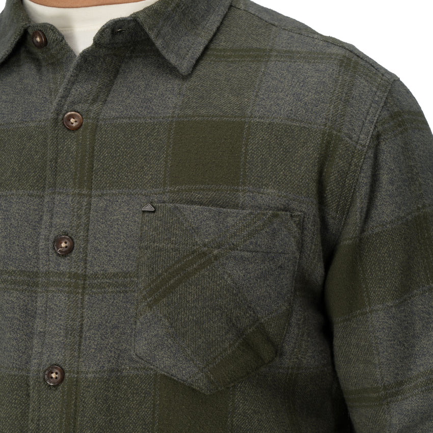 Close-up of Reggie Flannel Shirt chest pocket and buttons, showcasing soft, rugged surf-inspired comfort from StoreRank.ai All Products.