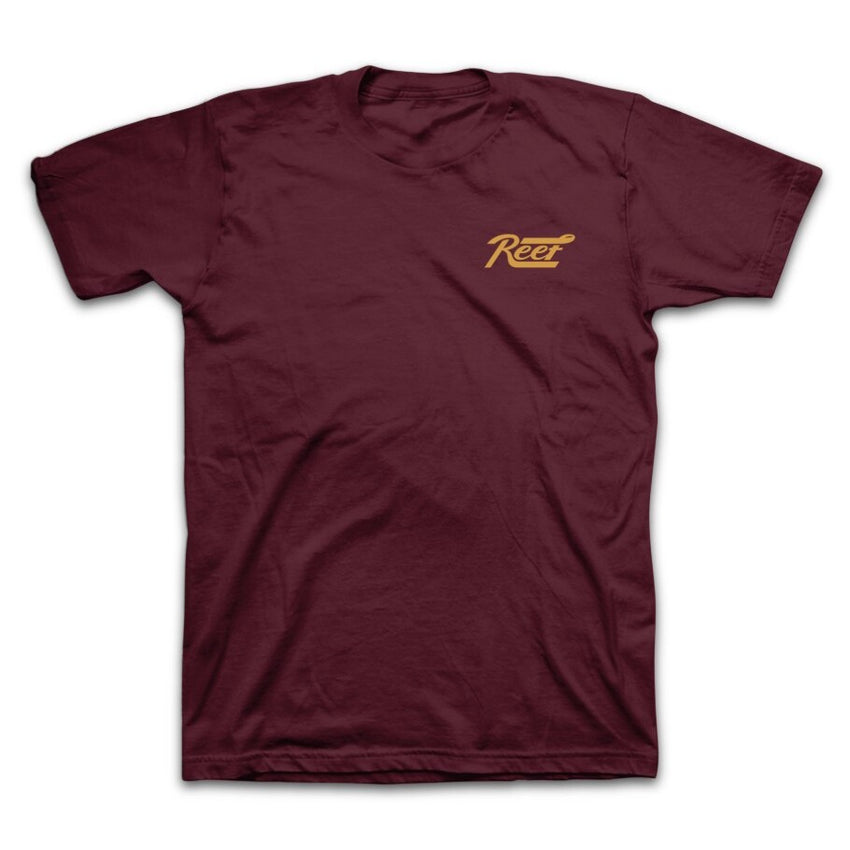 Maroon Fasten Short Sleeve Tee laid flat, showing vintage Reef logo on chest, lightweight comfortable beach apparel.