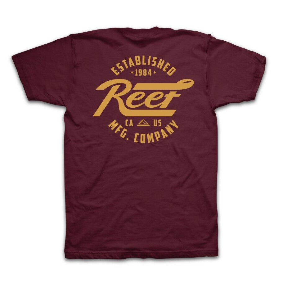 Back view of maroon Fasten Short Sleeve Tee with vintage yellow Reef logo graphic, soft and lightweight for everyday comfort.