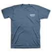 Doug Short Sleeve Tee in blue with surf club graphic, soft cotton fabric, laid flat for beach-inspired comfort apparel.