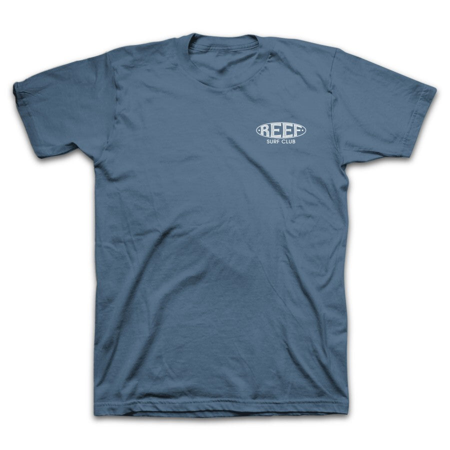 Doug Short Sleeve Tee in blue with surf club graphic, soft cotton fabric, laid flat for beach-inspired comfort apparel.