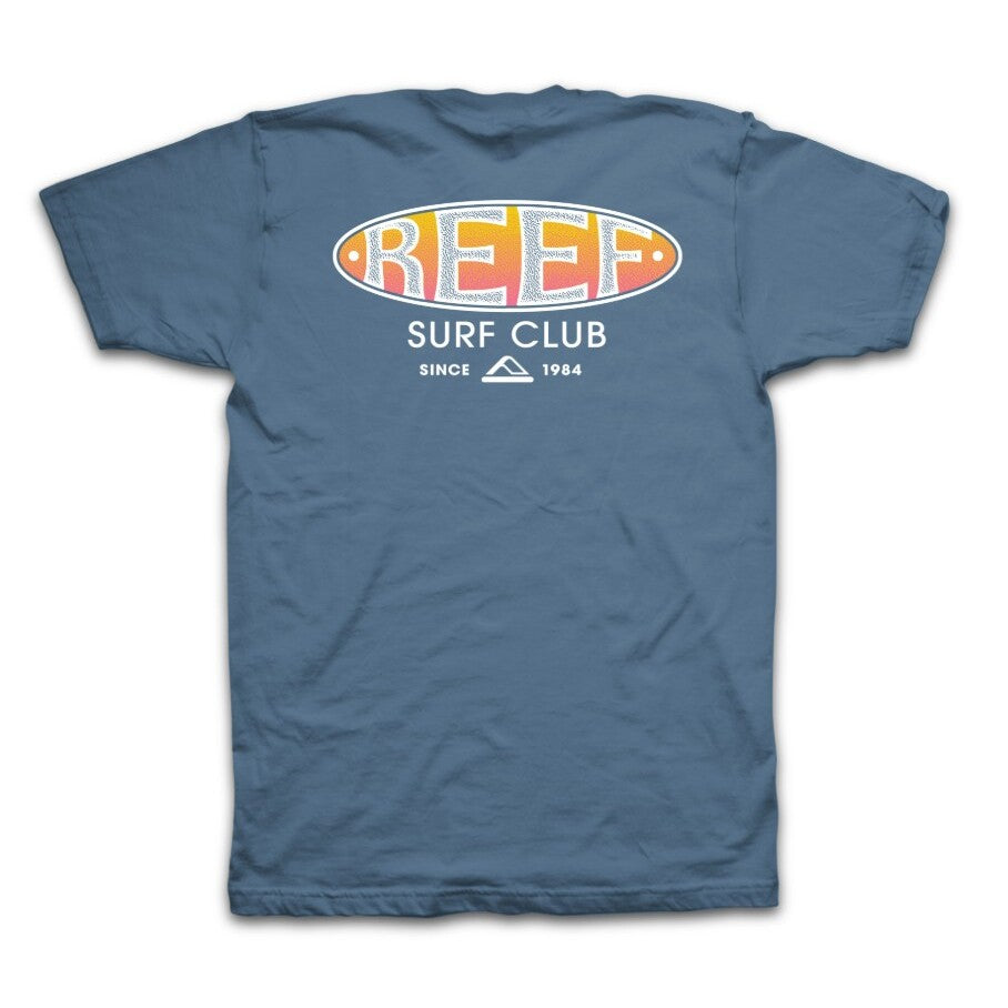 Doug Short Sleeve Tee in blue showing back with vintage REEF Surf Club graphic, comfortable cotton for beach lifestyle.