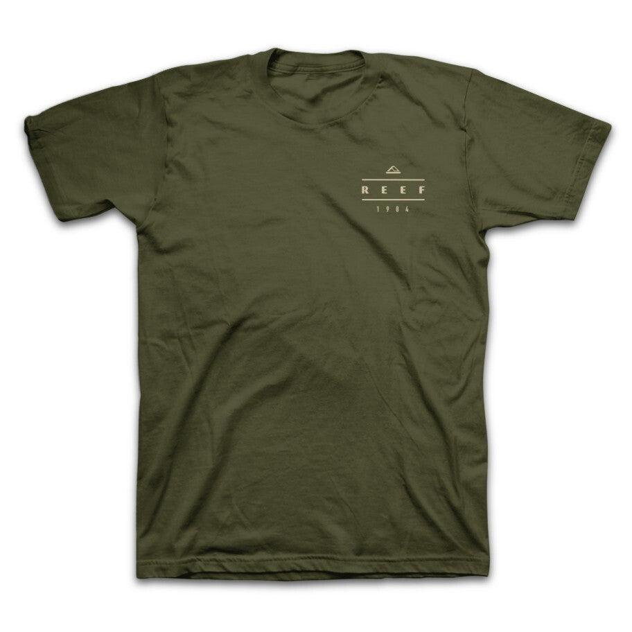Leafline Short Sleeve Tee in olive green with subtle tonal print, REEF branding, soft, comfortable apparel for everyday beach wear.
