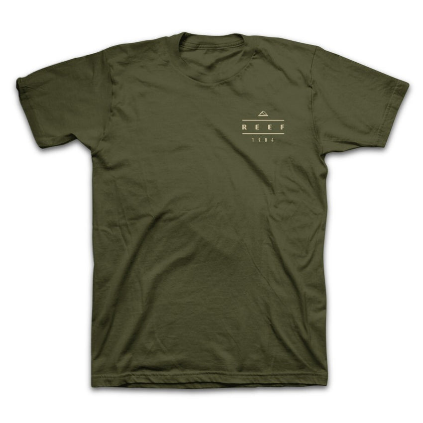 Leafline Short Sleeve Tee in olive green with subtle tonal print, REEF branding, soft, comfortable apparel for everyday beach wear.