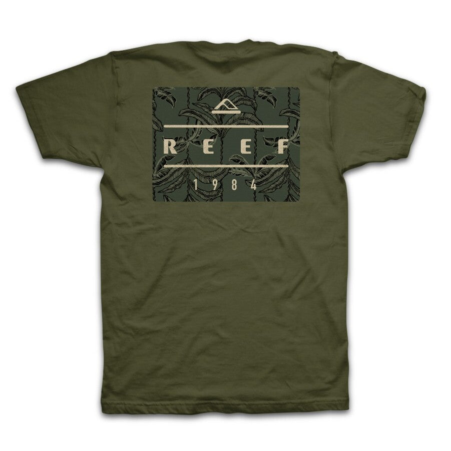 Back view of Leafline Short Sleeve Tee in olive green with tonal tropical print and REEF branding, comfortable casual apparel