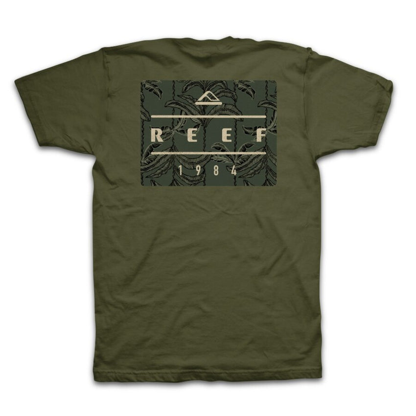 Back view of Leafline Short Sleeve Tee in olive green with tonal tropical print and REEF branding, comfortable casual apparel