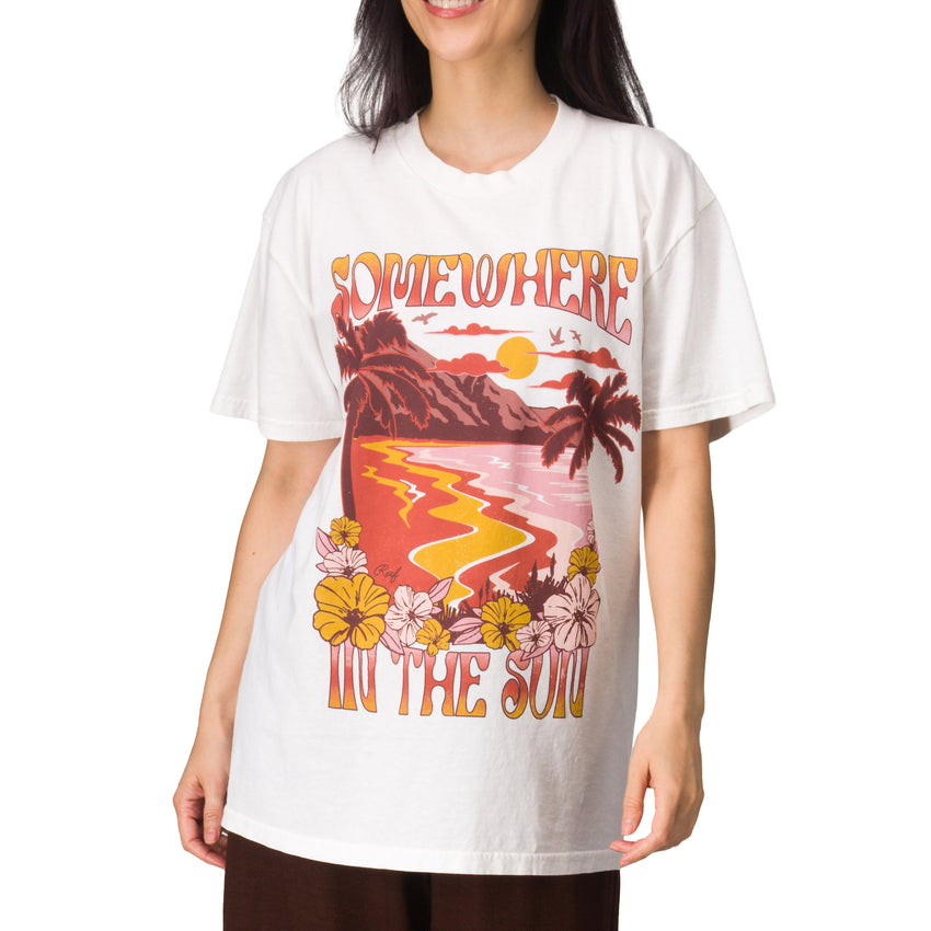 Front view of Lia Boyfriend Crew tee with sun-faded beach graphic and oversized fit, showcasing comfortable, surf-inspired apparel.