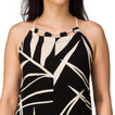 Close-up of Tori Linen Maxi Dress upper halter top with black and cream tropical print and adjustable rope straps, comfort apparel.