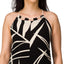 Close-up of Tori Linen Maxi Dress upper halter top with black and cream tropical print and adjustable rope straps, comfort apparel.