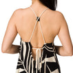 Back view of Tori Linen Maxi Dress with adjustable rope halter straps and black and white statement print design