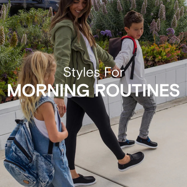 Text reads: "Styles For Morning Routines", a photo of a woman and her children wearing Reef shoes