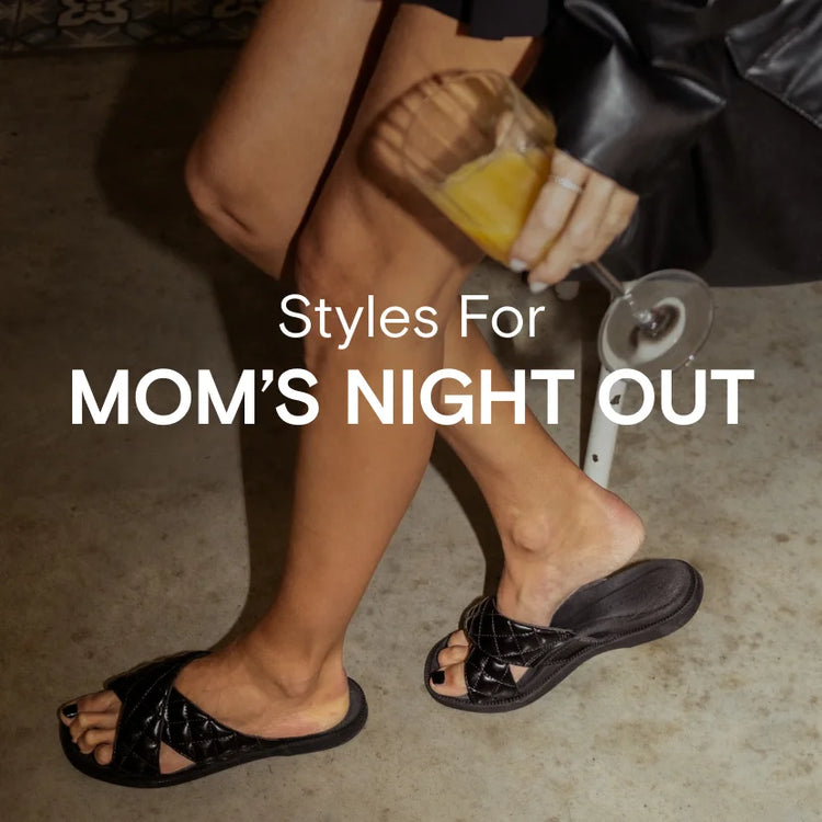 Text reads: "Styles for Mom's Night Out", a photo of a woman walking on a sidewalk wearing Reef Lofty Lux X Sandals in Victoria