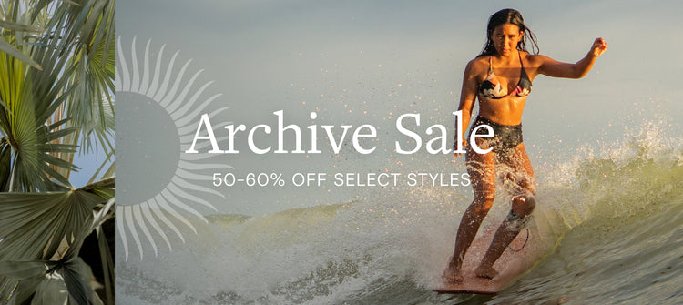 Text Says: "Archive Sale, 50-60% Off Select Styles", Image of women surfing
