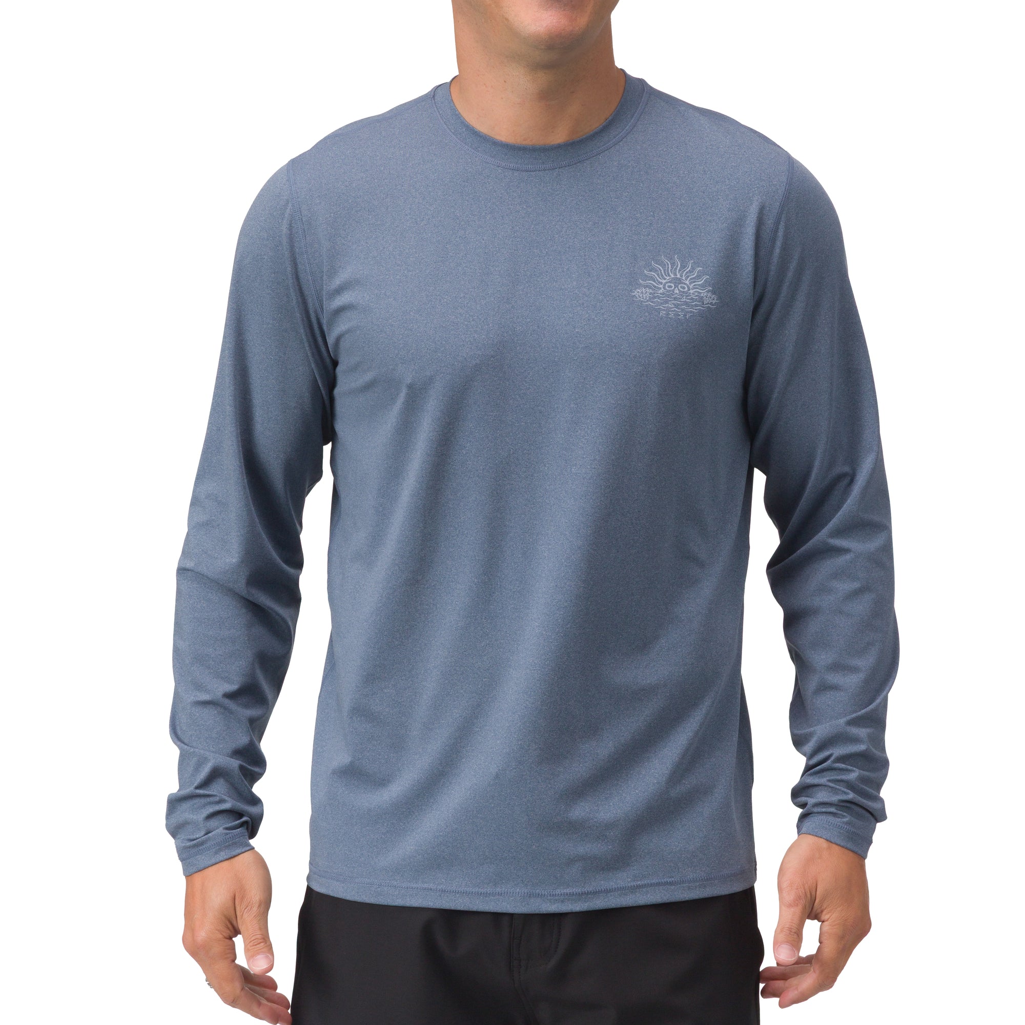 Men wearing blue Set In Performance Shirt front view, lightweight fabric designed for beach and active lifestyles comfort