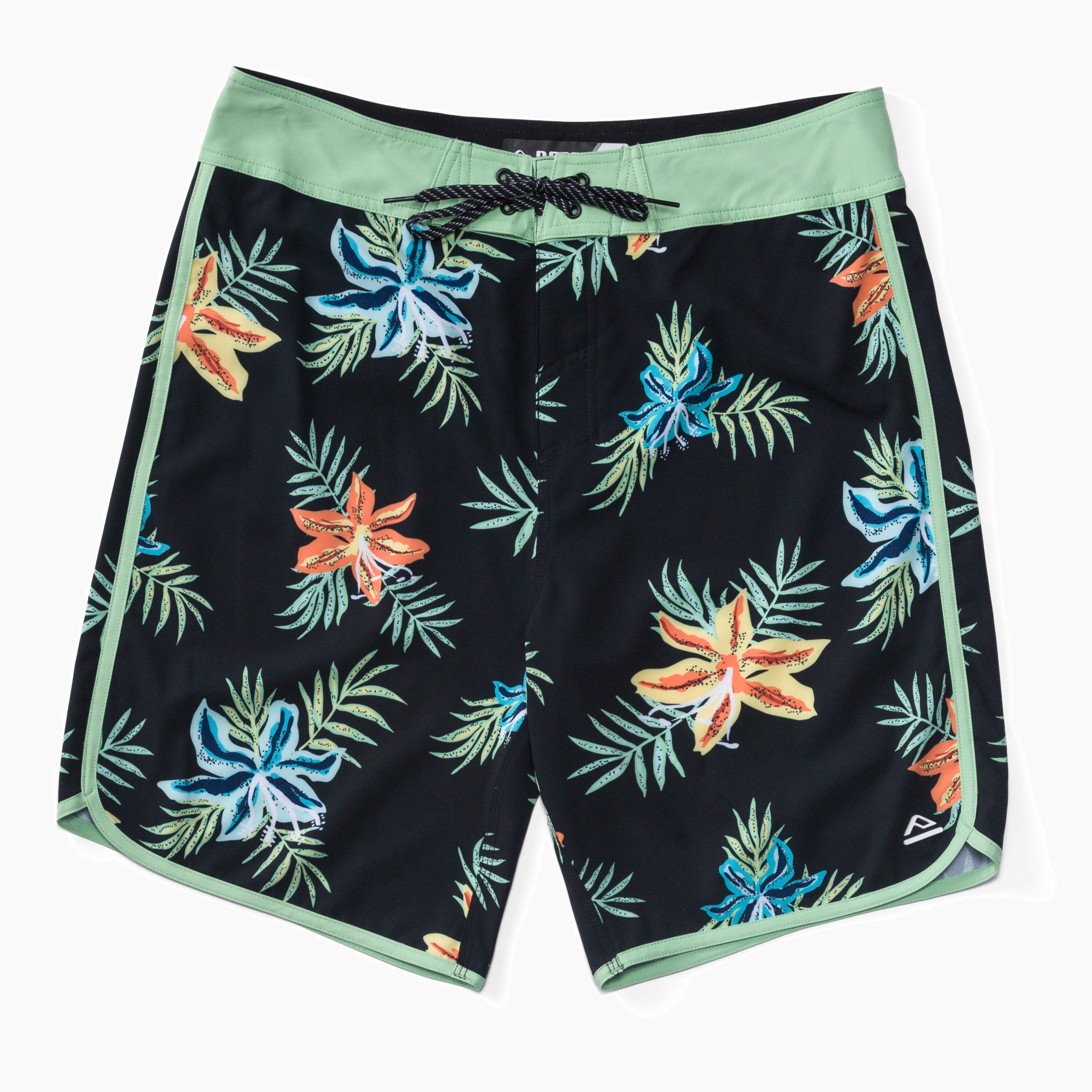 mens board shorts with Hawaiian flowers in black and green