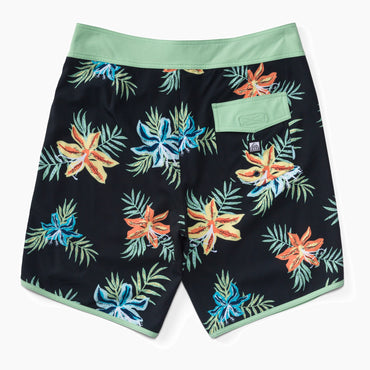 mens board shorts with hawaiian flowers in black and green