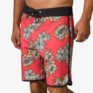 Men's Tanner Boardshort front view with coral floral pattern, surf-inspired comfort, and water-friendly materials.