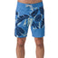Front view of men's Gonzo Boardshort in blue with tropical leaf pattern, designed for beach comfort and durability.