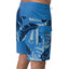 Side view of men's Gonzo Boardshort in blue with leaf patterns and a rear right pocket, designed for comfort and beach life.