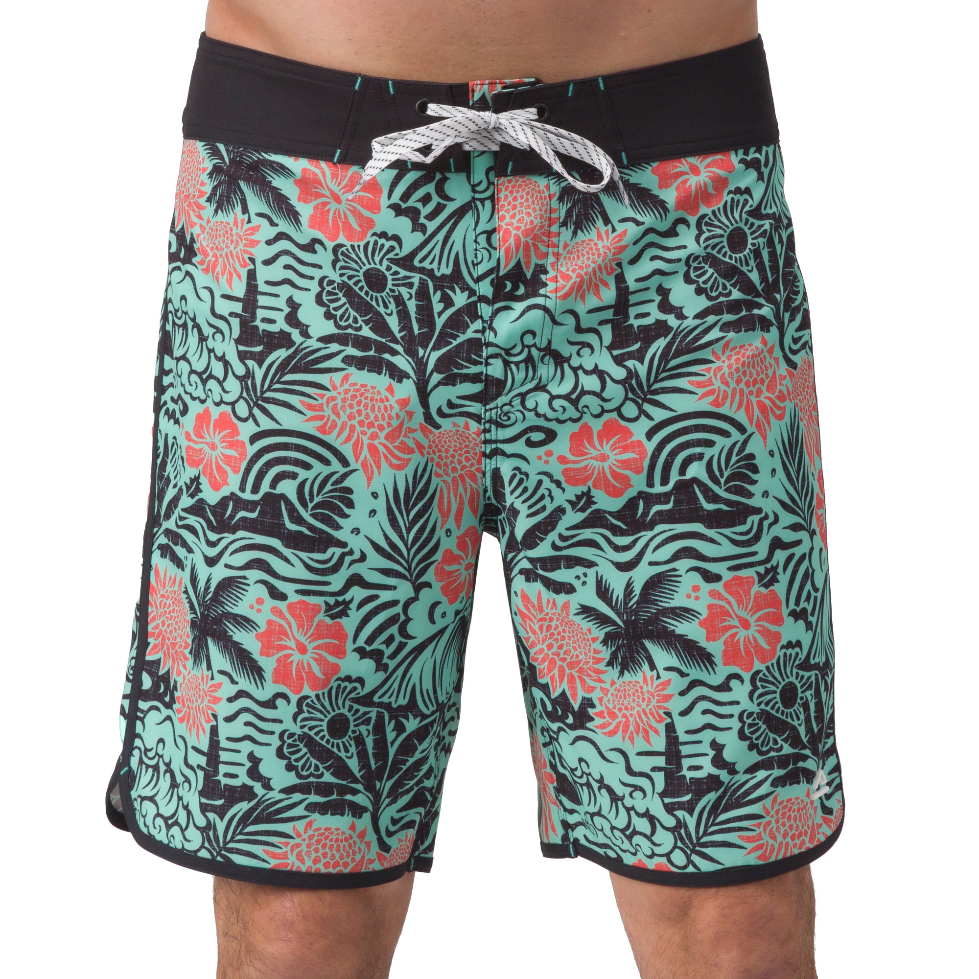 Front view of men's Fayder Boardshort with turquoise and coral floral pattern and black waistband, surf-inspired comfort.
