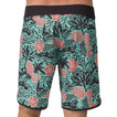 Back view of men's Fayder Boardshort with tropical pattern, surf-inspired design for beach comfort and durability.