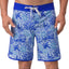 Front view of men's Fayder Boardshort with blue tropical print and adjustable drawstring waistband, beach-inspired comfort.