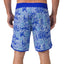 Rear view of men's Fayder Boardshort in blue tropical print, designed for beach comfort and active lifestyles.