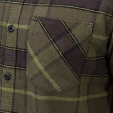 Close-up of the chest pocket on the Anders Long Sleeve Woven Shirt in green plaid, surf-inspired casual apparel.