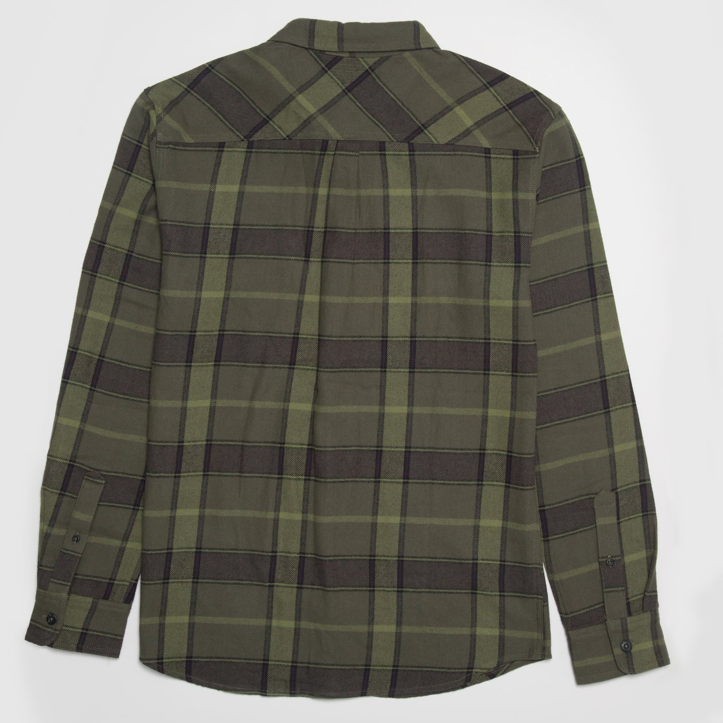 Anders Long Sleeve Woven Shirt shown from the back in olive plaid, designed for comfort and active beach lifestyles.