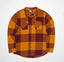 Flat lay of Morris Ls Wvn Shirt in orange and maroon plaid, comfort-focused men's apparel for beach and active lifestyles.