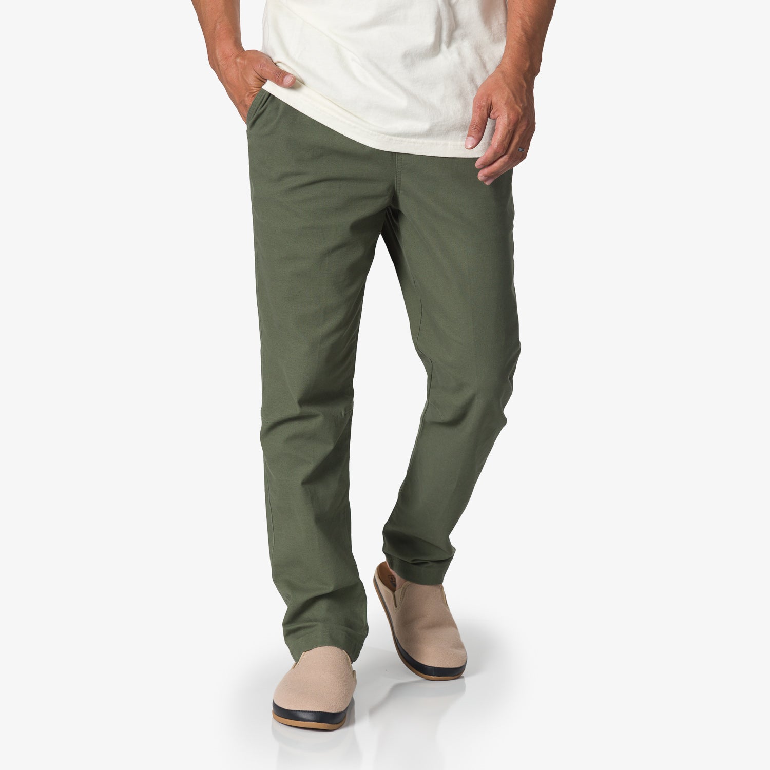 Men wearing Matthew Twill Pant in olive green, with beige shoes facing forward, showcasing comfort and casual style.