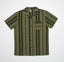 Flat lay of olive and dark green striped Angelo Short Sleeve Camp Shirt with front pocket and button closure designed for beach lifestyles.