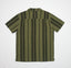 Angelo Short Sleeve Camp Shirt in olive green with dark vertical stripes, shown from the back, beach-inspired comfortable apparel.