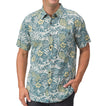 Man wearing a blue and yellow floral patterned short-sleeve Eugene Woven Shirt, front view with hand in pocket.