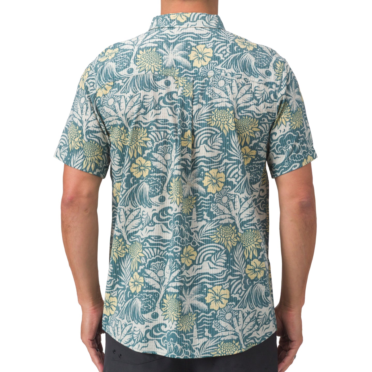 Back view of Eugene Woven Shirt in green floral pattern, perfect for beach-inspired, comfortable men's apparel.