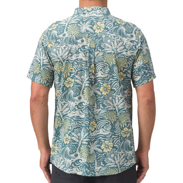 Back view of Eugene Woven Shirt in green floral pattern, perfect for beach-inspired, comfortable men's apparel.