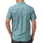 Rear view of men’s Hartman Woven Shirt in teal with fan pattern, lightweight and surf-inspired comfort apparel.