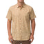 Front view of a man wearing a beige patterned Hartman Woven Shirt, designed for beach-inspired comfort and style.
