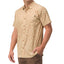 Man wearing a front view of the Hartman Woven Shirt with beige and orange surf-inspired pattern, short sleeves, and button front.