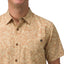Hartman Woven Shirt close-up showing front upper torso with geometric beach-inspired pattern and wooden buttons